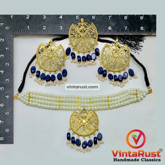 Pearls Jewelry Set, White Pearls Handmade Beaded Jewelry Set, Ethnic Choker - Picture 4 of 4